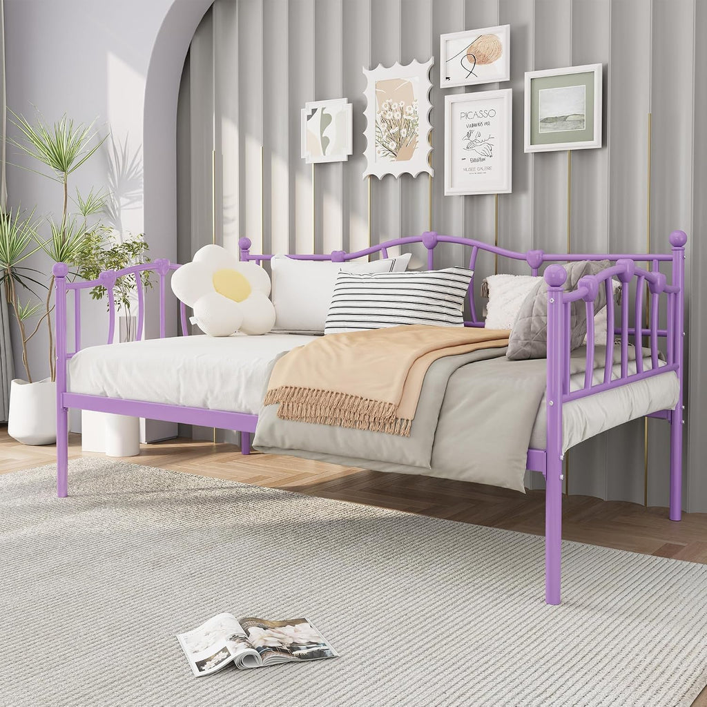 GarveeHome Twin Size Daybed Frame, Sofa Bed with Stylish Headboard, Heavy Duty Steel Slat Support, Space Saving for Living Room/Bedroom/Guest Room, Purple