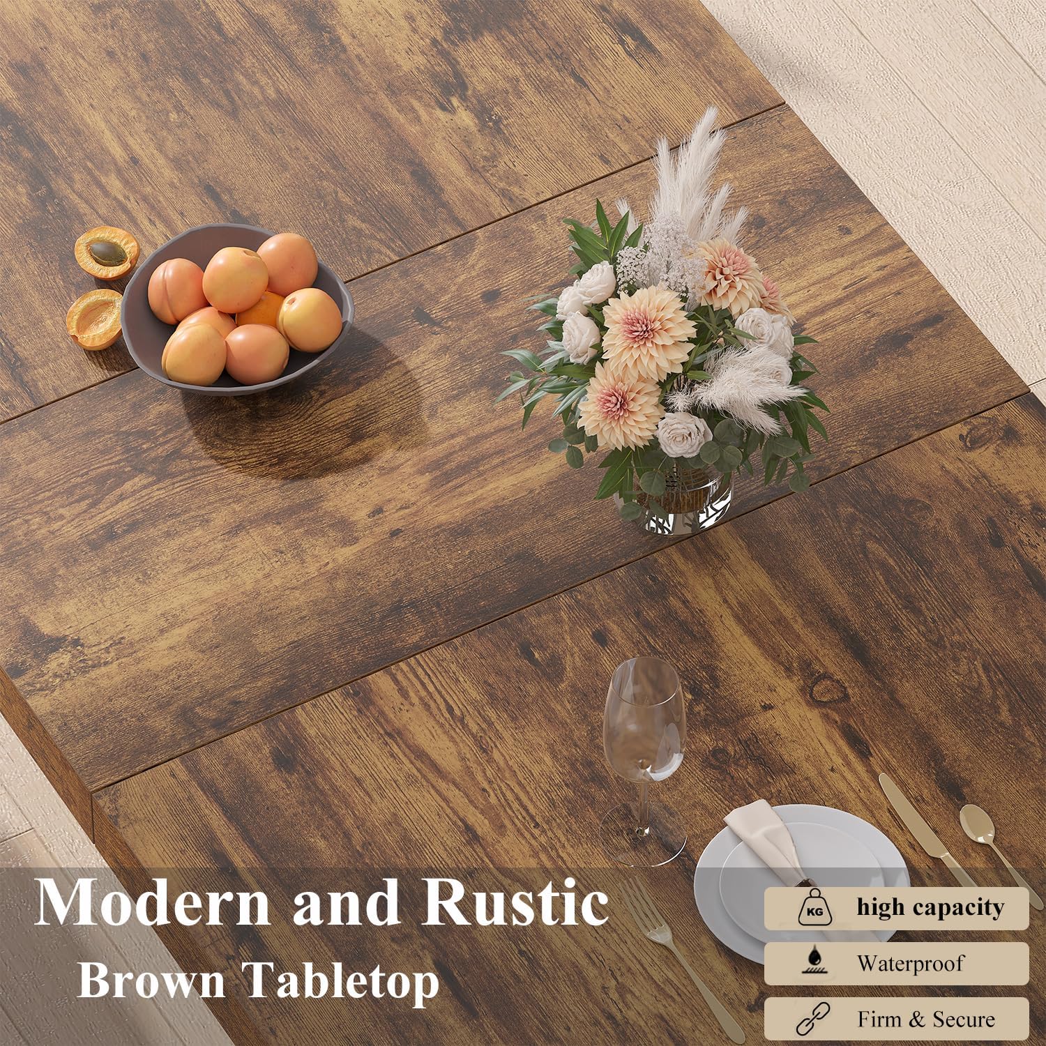 HSH Dining Table for 6 to 8, 71' Wood Rectangular Dinner Table, 6 ft Industrial Kitchen Table only with Black Pedestal, Modern Large Dining Room Table for Home Gathering Office, Rustic Brown, 71 Inch