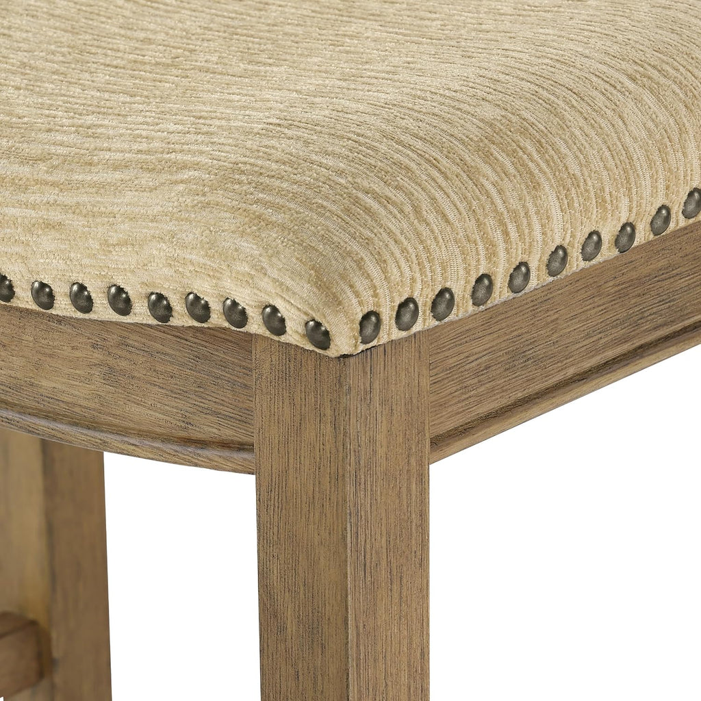 OSP Home Furnishings Metro Farmhouse Saddle Stool with Nailhead Trim, 2-Pack, 24-inch Counter Height, Medium Oak Frame with Camel Fabric