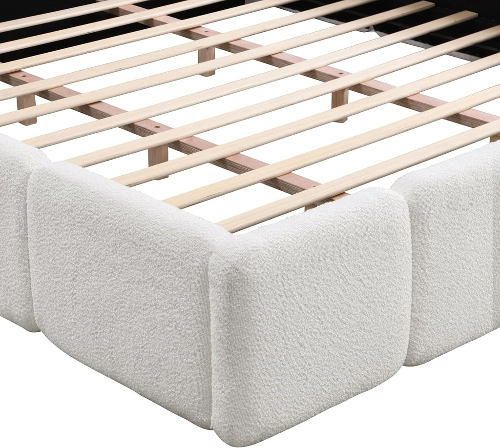 Christopher Knight Home Hazel California King Size Platform Bed, Boucle Thick Headboard and Footboard, Upholstery Grounded Beds, Wood Slat Panel Support, No Spring Box Needed, Easy Assembly, White