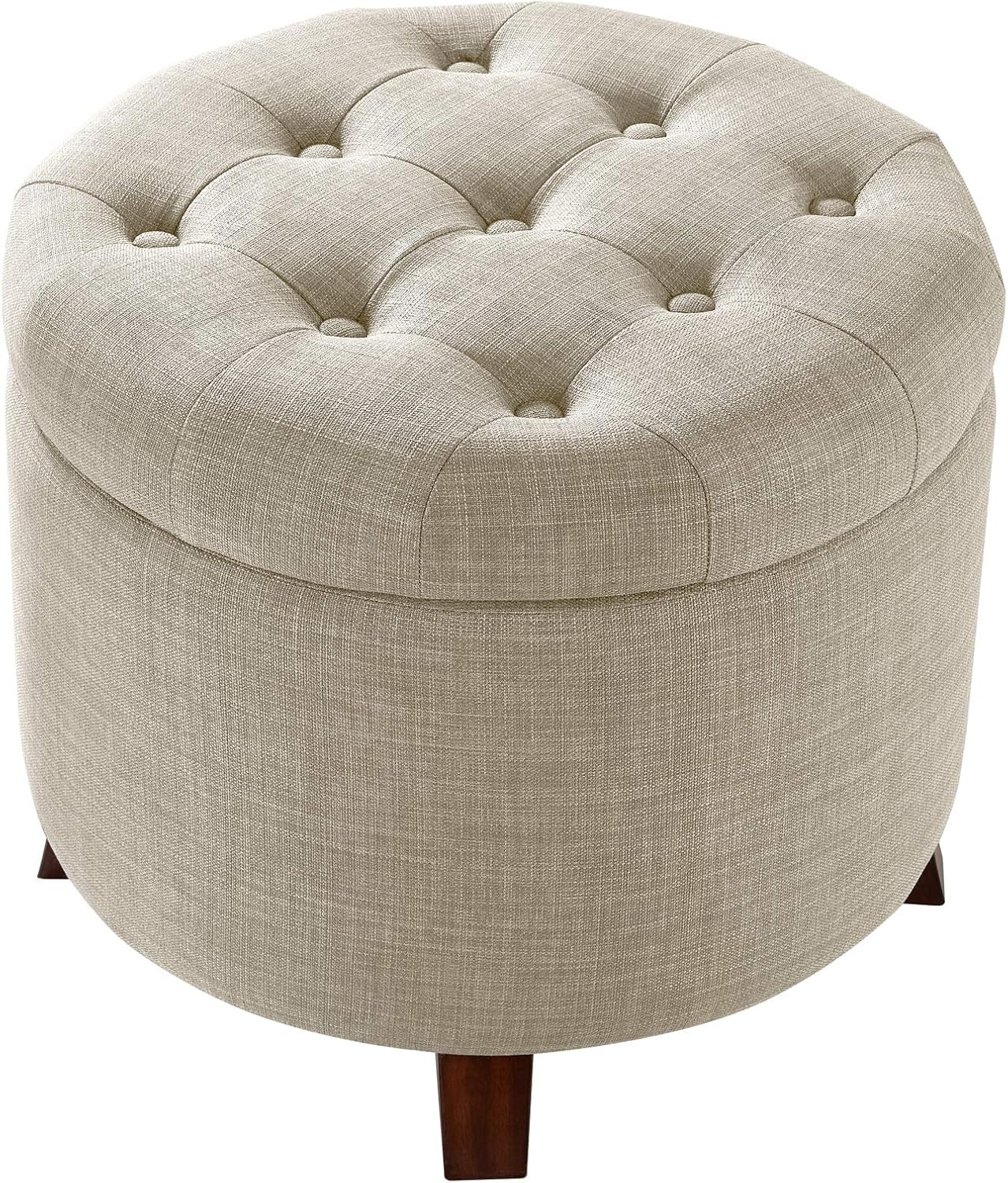 Amazon Basics Round Storage Ottoman Foot Rest, Button Tufted Upholstered Footstool with Storage, Sturdy Linen Fabric for Living Room and Bedroom, 20' x 17', Beige