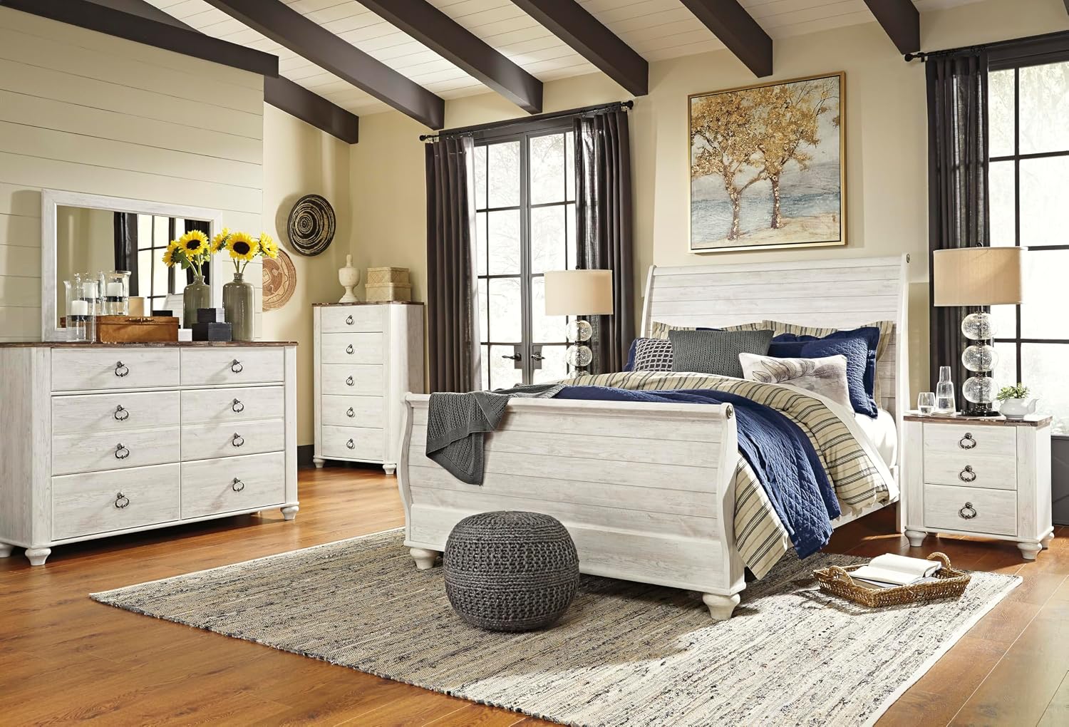 Signature Design by Ashley Willowton Farmhouse 2 Drawer Nightstand with USB Charging Ports, 25.67' Tall, Whitewash