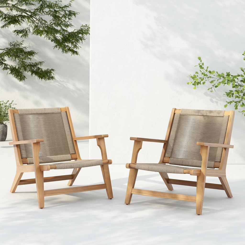 Christopher Knight Home Veera Patio Chair Set of 2 with Acacia Wood Frame and Handwoven Rope, Outdoor Lounge Chair, Stylish Outdoor Accent Chair for Garden/Deck/Backyard, Beige + Light Teak