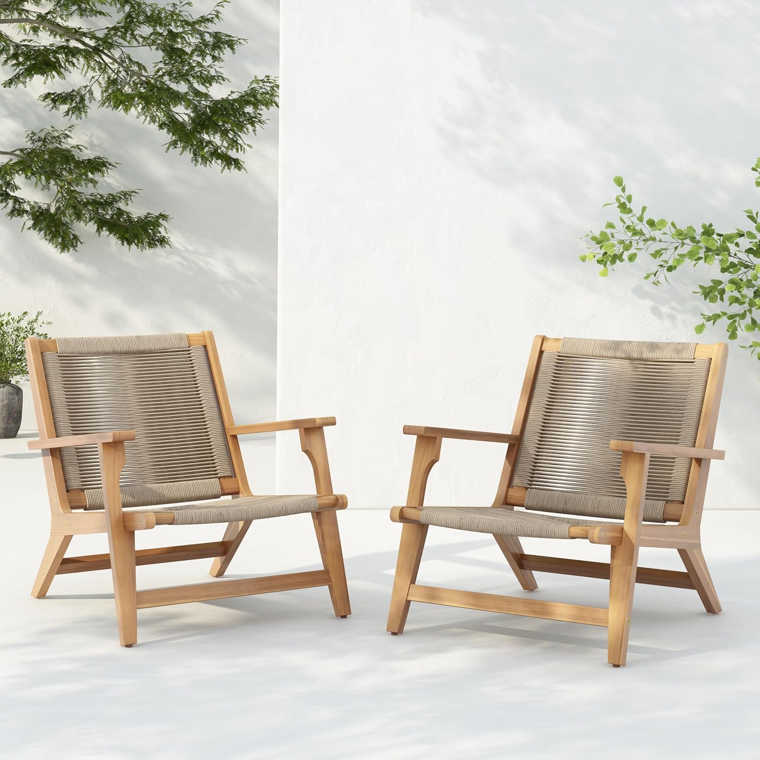Christopher Knight Home Veera Patio Chair Set of 2 with Acacia Wood Frame and Handwoven Rope, Outdoor Lounge Chair, Stylish Outdoor Accent Chair for Garden/Deck/Backyard, Beige + Light Teak