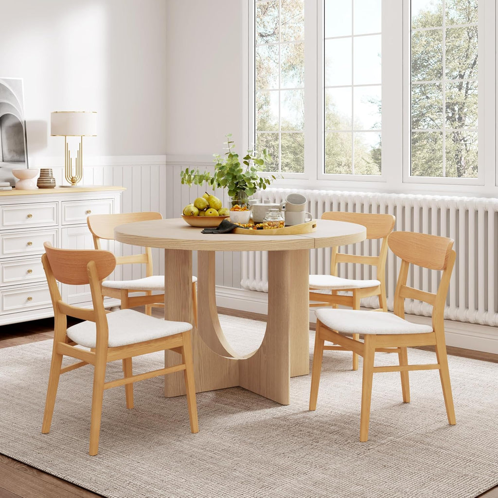 Christopher Knight Home Zeka Wooden Round Dining Table Set for 4, 5 Piece Dining Set, Dining Room Table Set for 4, Kitchen Table with Cross Leg and Upholstered Chairs, Natural + Beige