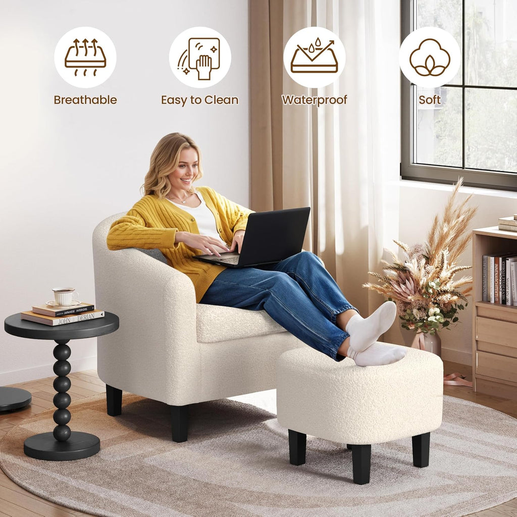 Yaheetech Barrel Chair with Ottoman Set, Boucle Fabric Accent Chair with Soft Padded and Sturdy Legs for Living Room/Bedroom/Study/Waiting Room, Ivory