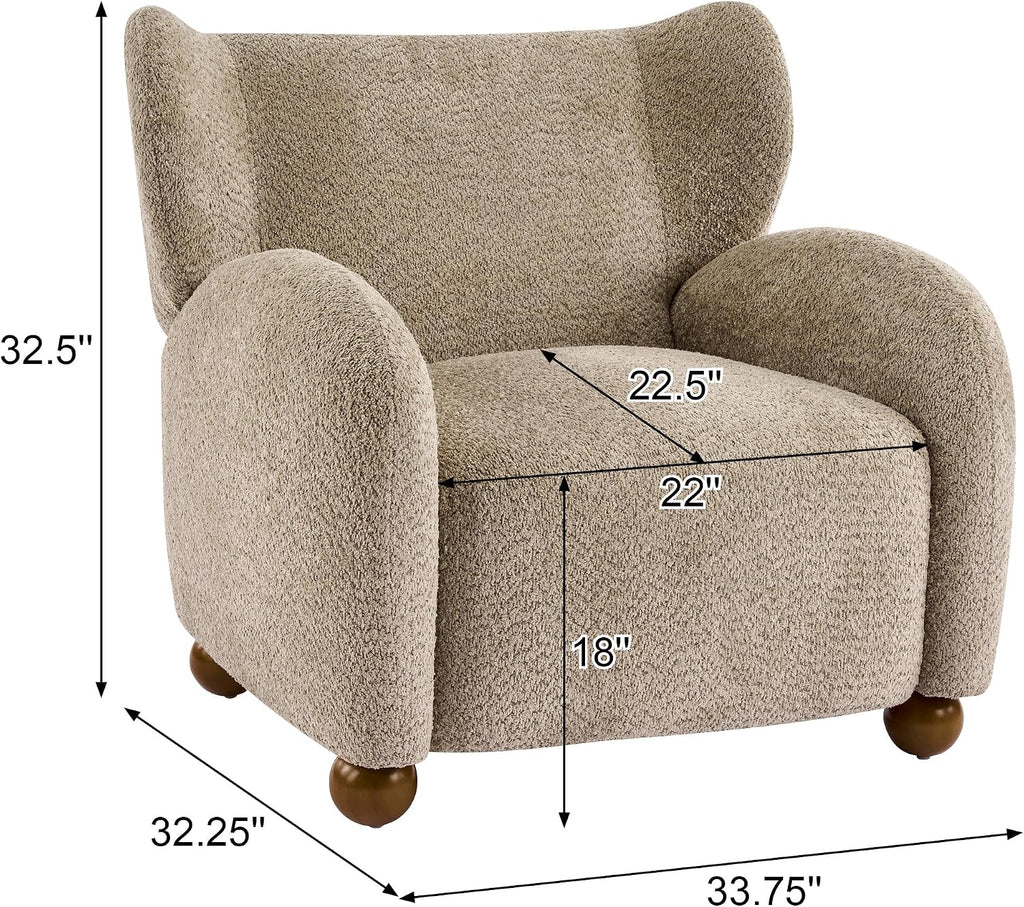 Christopher Knight Home Aiden Boucle Wingback Accent Chair, Fabric Upholstered Club Chair with Wooden Frame, Comfy Reading Chair for Living Room/Bedroom, Light Brown+Walnut