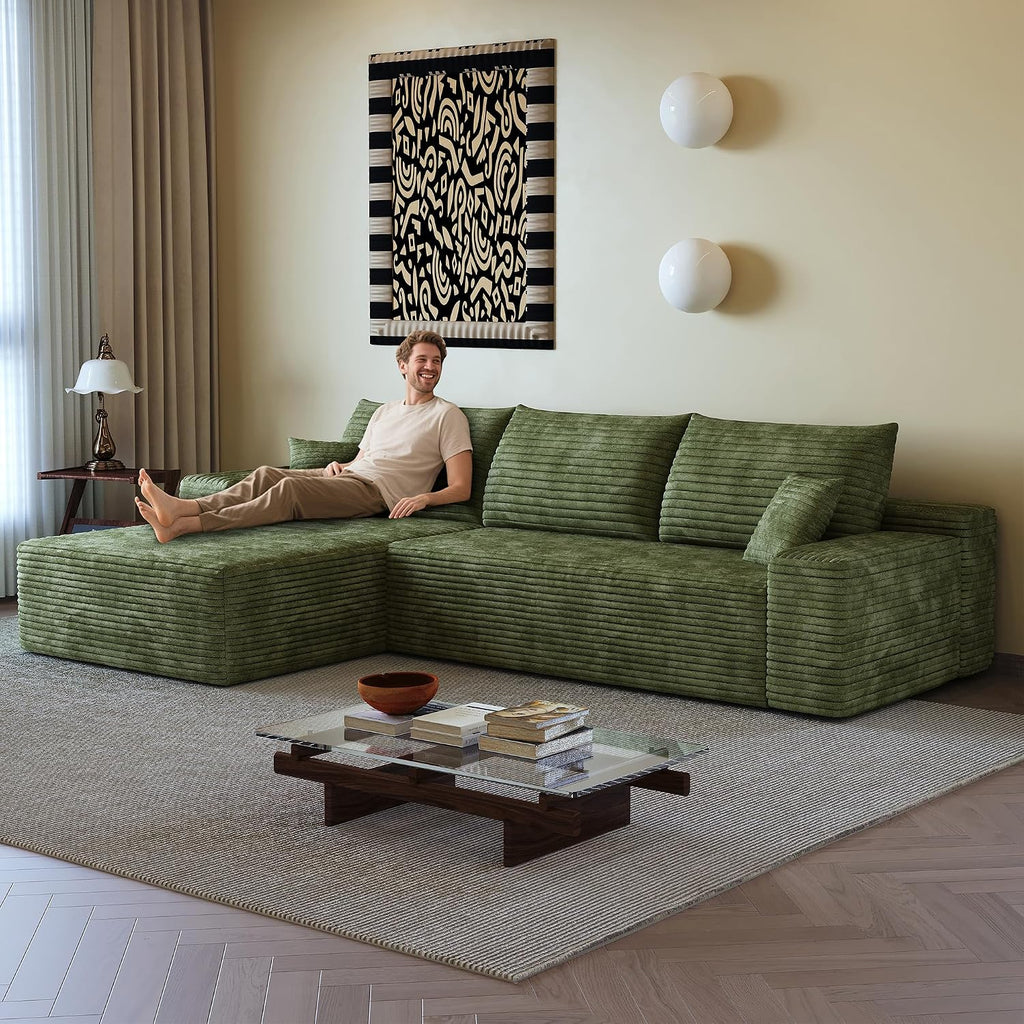 Eafurn Oversized L-Shaped Modular Sectional Sofa with Chaise, Fluffy Corduroy Upholstered Boneless Couch with Deep Seat, Minimalist Flexible Combination for Living Room