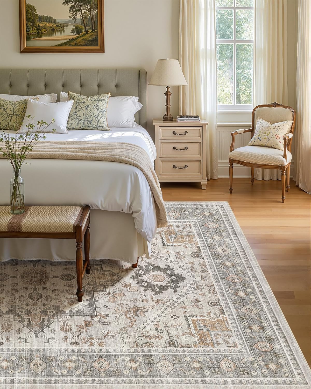 10x12 Vintage Area Rug: Washable Neutral Soft Non Slip Thin Large Floor Carpet for Living Room Bedroom Kitchen Dining Room Home Office Farmhouse Indoor - Taupe