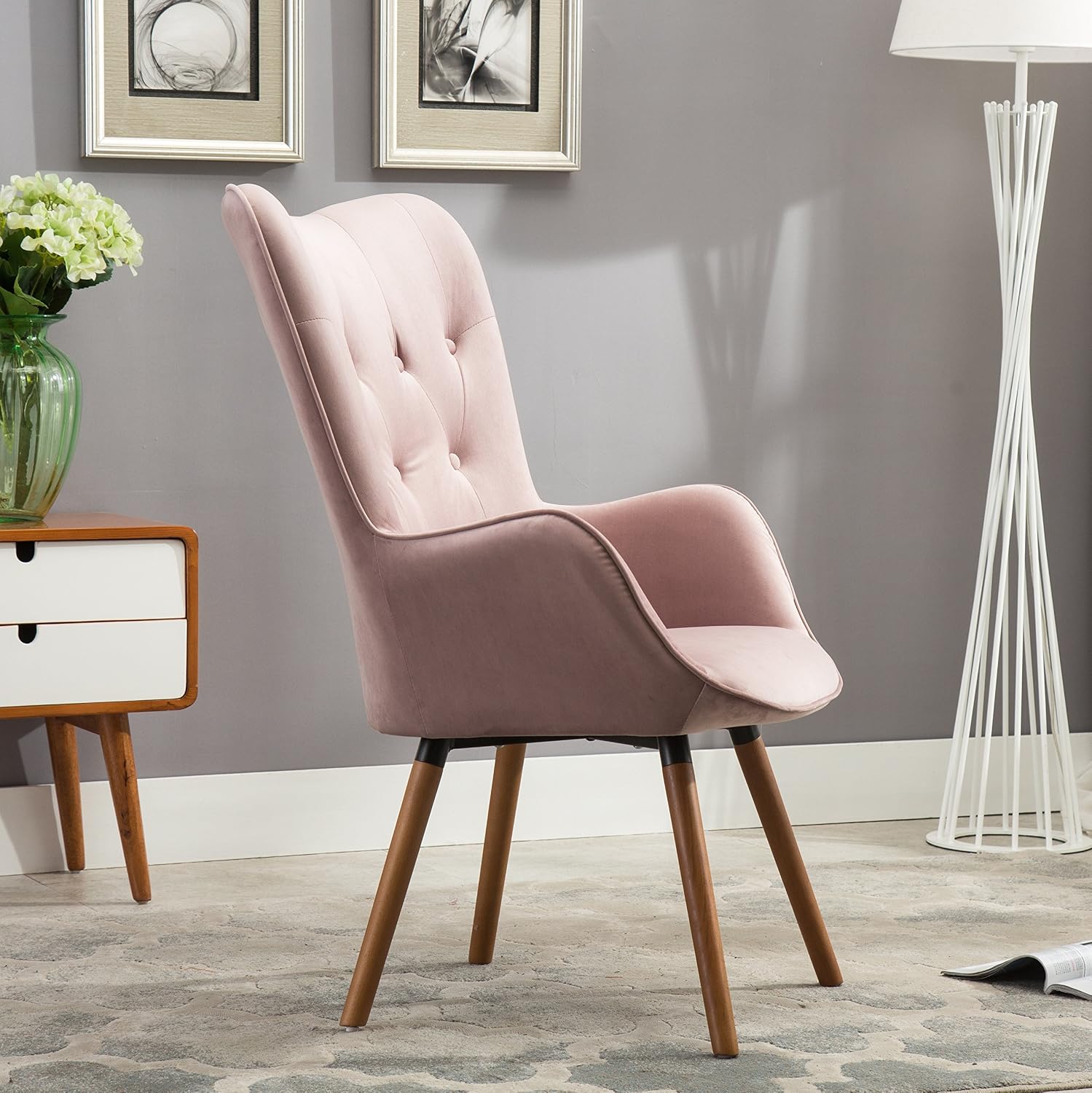 Roundhill Furniture Doarnin Contemporary Silky Velvet Tufted Button Back Accent Chair, Mauve