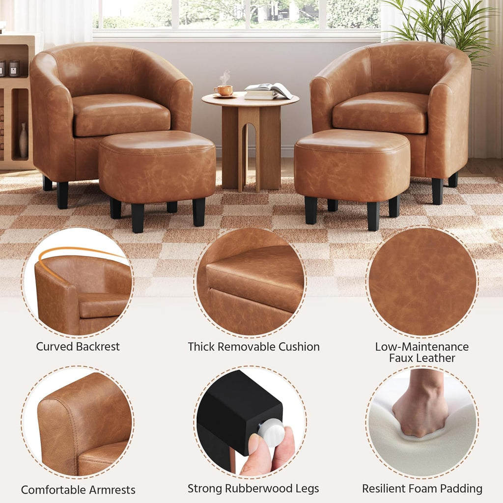 Yaheetech Barrel Chair with Ottoman Set, Faux Leather Accent Chair with Soft Padded and Sturdy Legs for Living Room/Bedroom/Study/Waiting Room, Brown