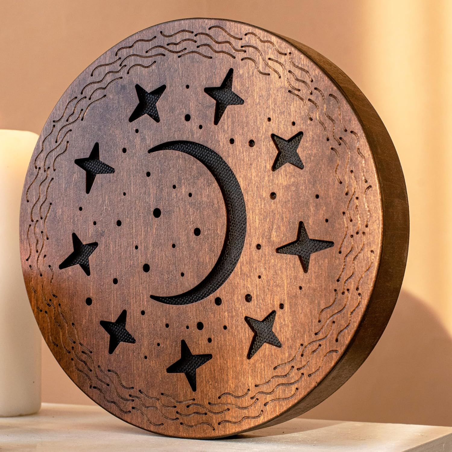 Rain-Fall Disc, 8.6 Inch (22 cm) Wooden Ocean Drum, Gentle Rain Sound for Sound Bath, Meditation & Sound Healing, Moon, Stars & Woman Design