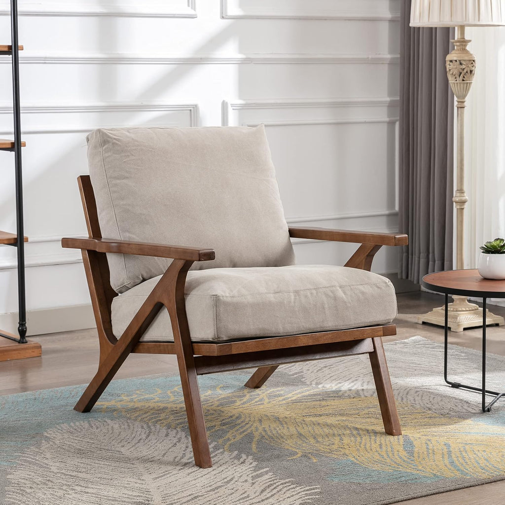 chairus Mid-Century Modern Accent Chairs Set of 2, Comfy Upholstered Lounge Armchairs with Removable Cushions & Solid Wood Frame, Reading Chairs for Living Room Bedroom Office, Beige Denim Fabric