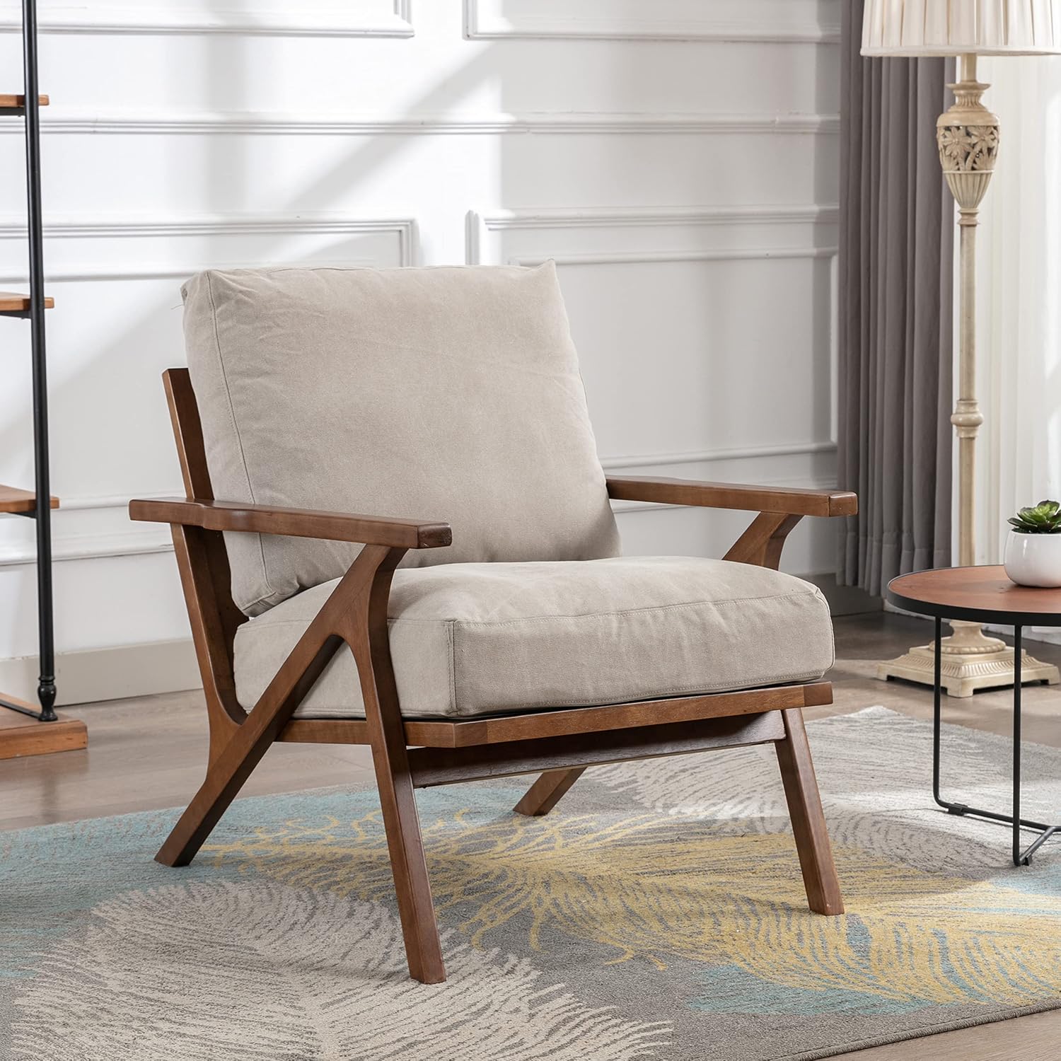 chairus Mid-Century Modern Accent Chairs Set of 2, Comfy Upholstered Lounge Armchairs with Removable Cushions & Solid Wood Frame, Reading Chairs for Living Room Bedroom Office, Beige Denim Fabric