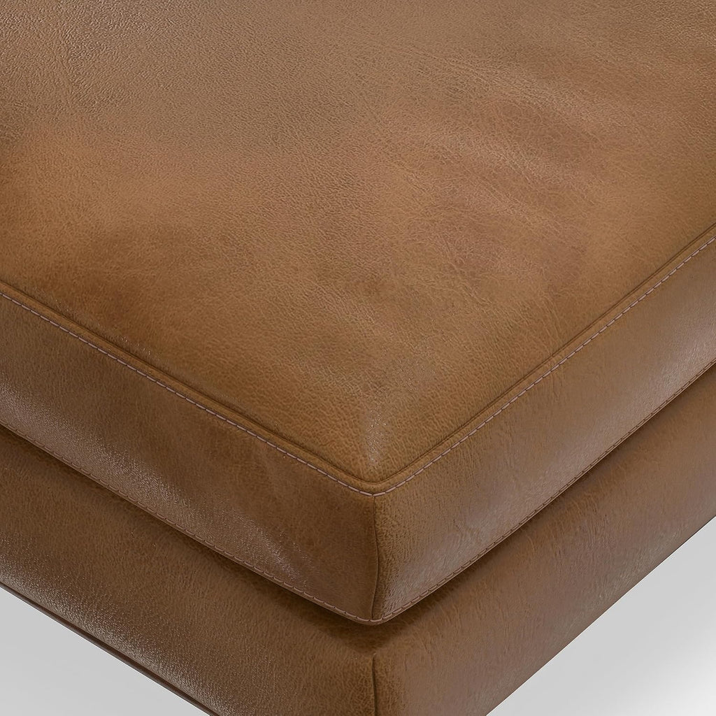 SIMPLIHOME Morrison 33 inch Wide Ottoman in Caramel Brown Genuine Leather, Multifunctional Footrest, Coffee Table, and Extra Seating for Living Room, Mid-Century Modern Style