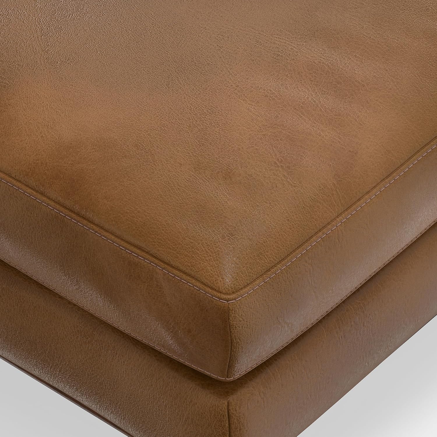 SIMPLIHOME Morrison 33 inch Wide Ottoman in Caramel Brown Genuine Leather, Multifunctional Footrest, Coffee Table, and Extra Seating for Living Room, Mid-Century Modern Style