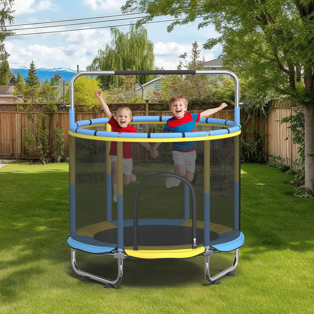 60' Trampoline for Kids, 500lbs Capacity Indoor Outdoor Toddler Trampoline with Adjustable Gymnastics Bar, Gifts for Boy Girl Age 1-8