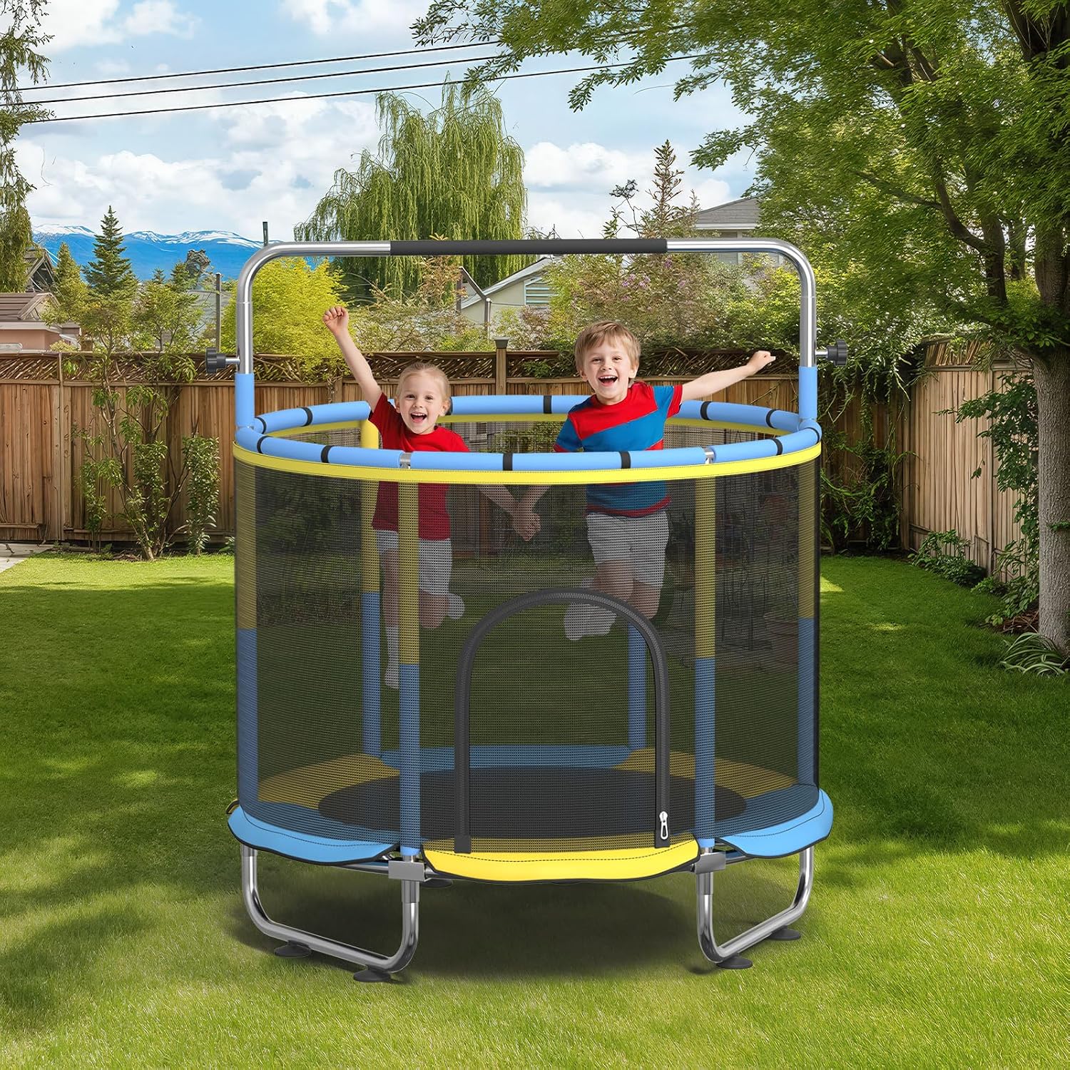60' Trampoline for Kids, 500lbs Capacity Indoor Outdoor Toddler Trampoline with Adjustable Gymnastics Bar, Gifts for Boy Girl Age 1-8