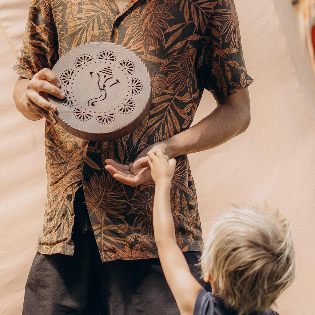 Rain-Fall Disc, 8.6 Inch (22 cm) Wooden Ocean Drum, Gentle Rain Sound for Sound Bath, Meditation & Sound Healing, Elephant & Lotus Design