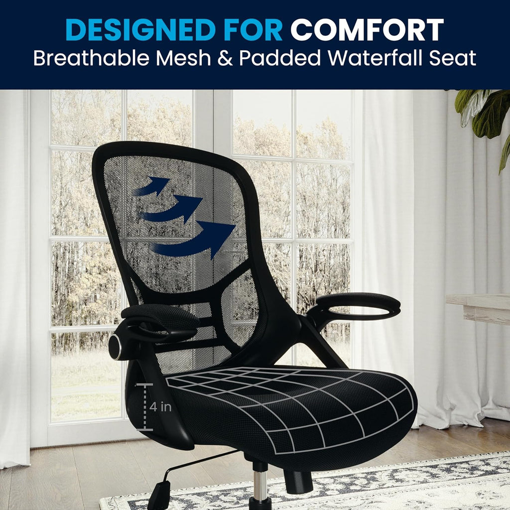 Flash Furniture Porter High Back Black Mesh Ergonomic Swivel Office Chair with Black Frame and Flip-up Arms