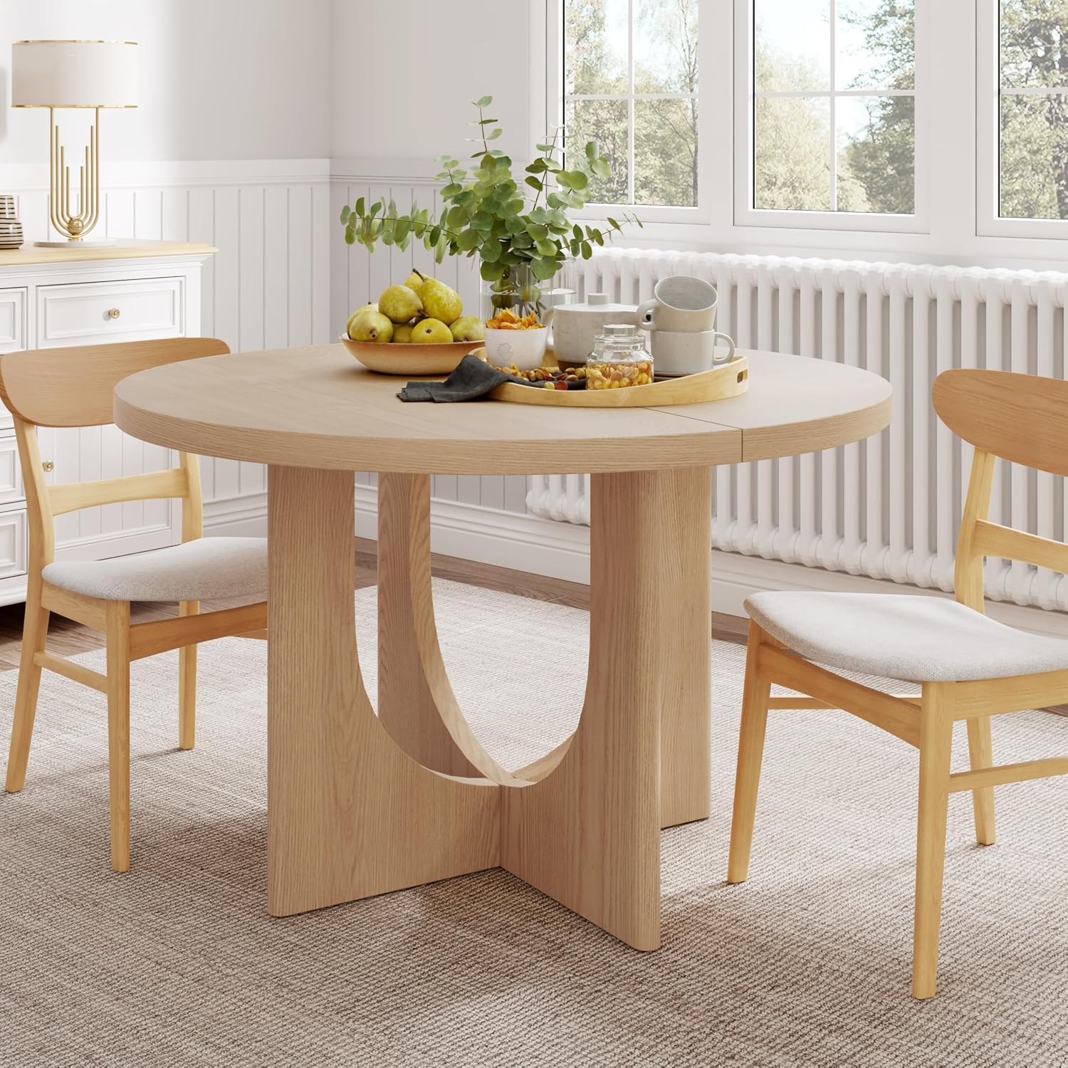Christopher Knight Home Guma 48' Round Dining Table for 4, Compact MDF Kitchen Table with Pedestal Base, Circle Farmhouse Dinner Furniture for Dining Room, Kitchen, Living Room, Natural