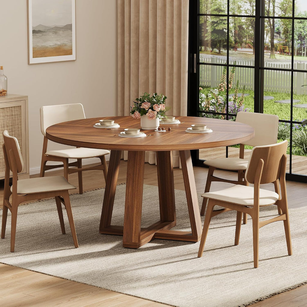 IDEALHOUSE 47 Inch Round Dining Table for 4-6 People, Circle Kitchen Table with Cross Base, Farmhouse Wood Dinner Table for Apartment(Table Only), Walnut Brown