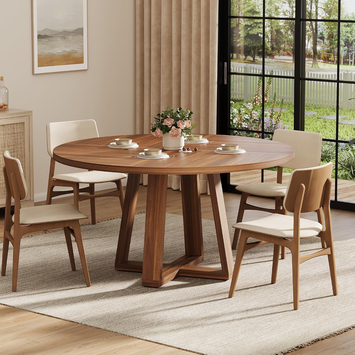 IDEALHOUSE 47 Inch Round Dining Table for 4-6 People, Circle Kitchen Table with Cross Base, Farmhouse Wood Dinner Table for Apartment(Table Only), Walnut Brown