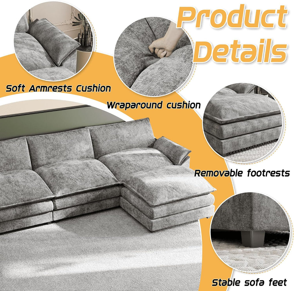 Shahoo Couches for Living Room, Sectional Modular Sofa U Shaped Chenille Fabric Couch with High Supportive & Soft Sponges and Removable Ottoman, Sleeper Comfy Upholstered Couch, Grey