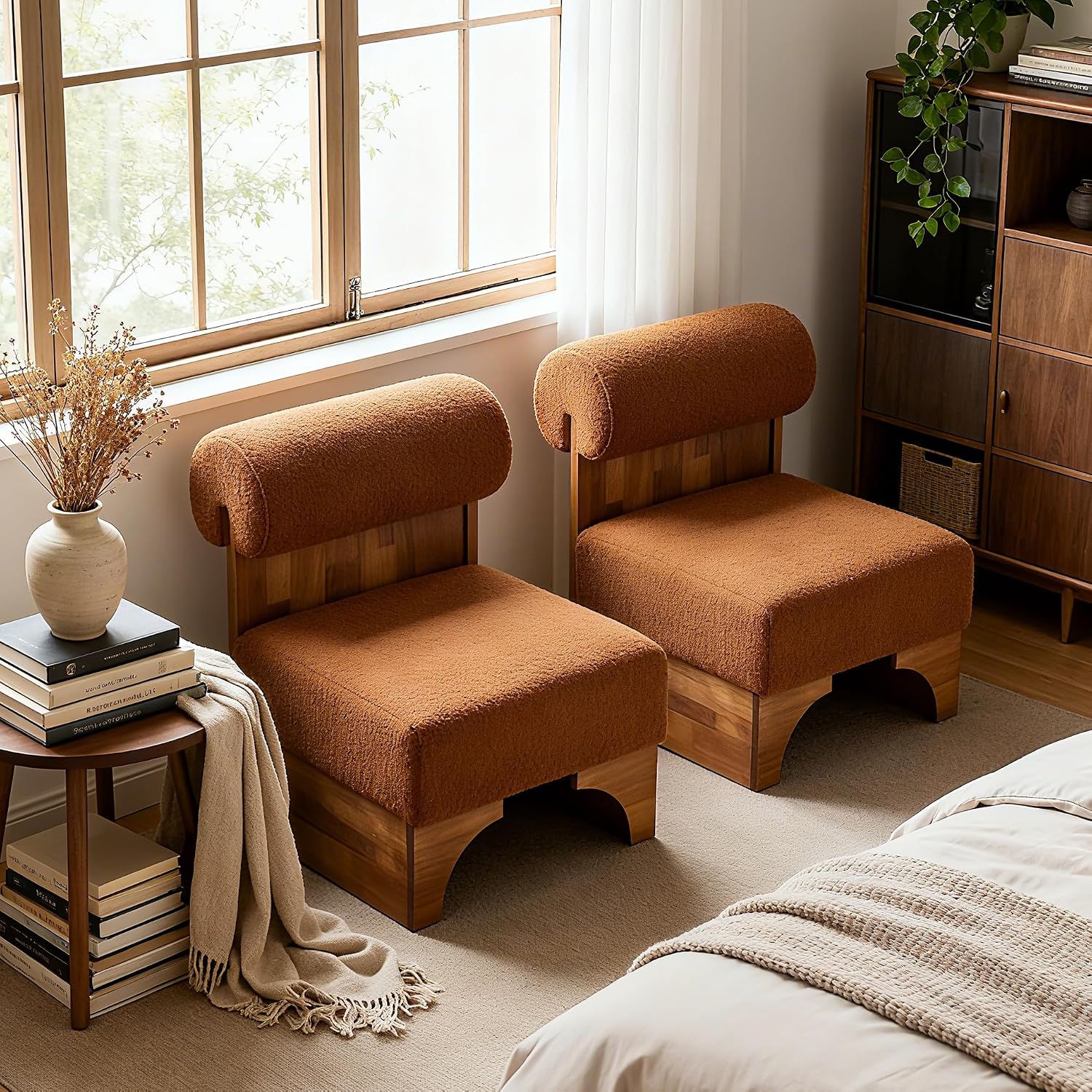 Christopher Knight Home Nadine Boucle Club Chair, Upholstered Lounge Chair, Rolled Backrest Accent Chairs, Solid Wood Legs Frame Single Sofa for Living Reading Room, Accent Chairs Set of 2, Brown