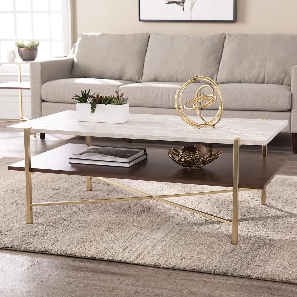 SEI Furniture Ardmillan Rectangular 47' Cocktail Table w/Storage, Brass and Dark Tobacco Finish w/White Faux Travertine