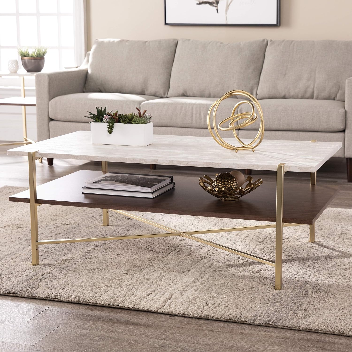 SEI Furniture Ardmillan Rectangular 47' Cocktail Table w/Storage, Brass and Dark Tobacco Finish w/White Faux Travertine