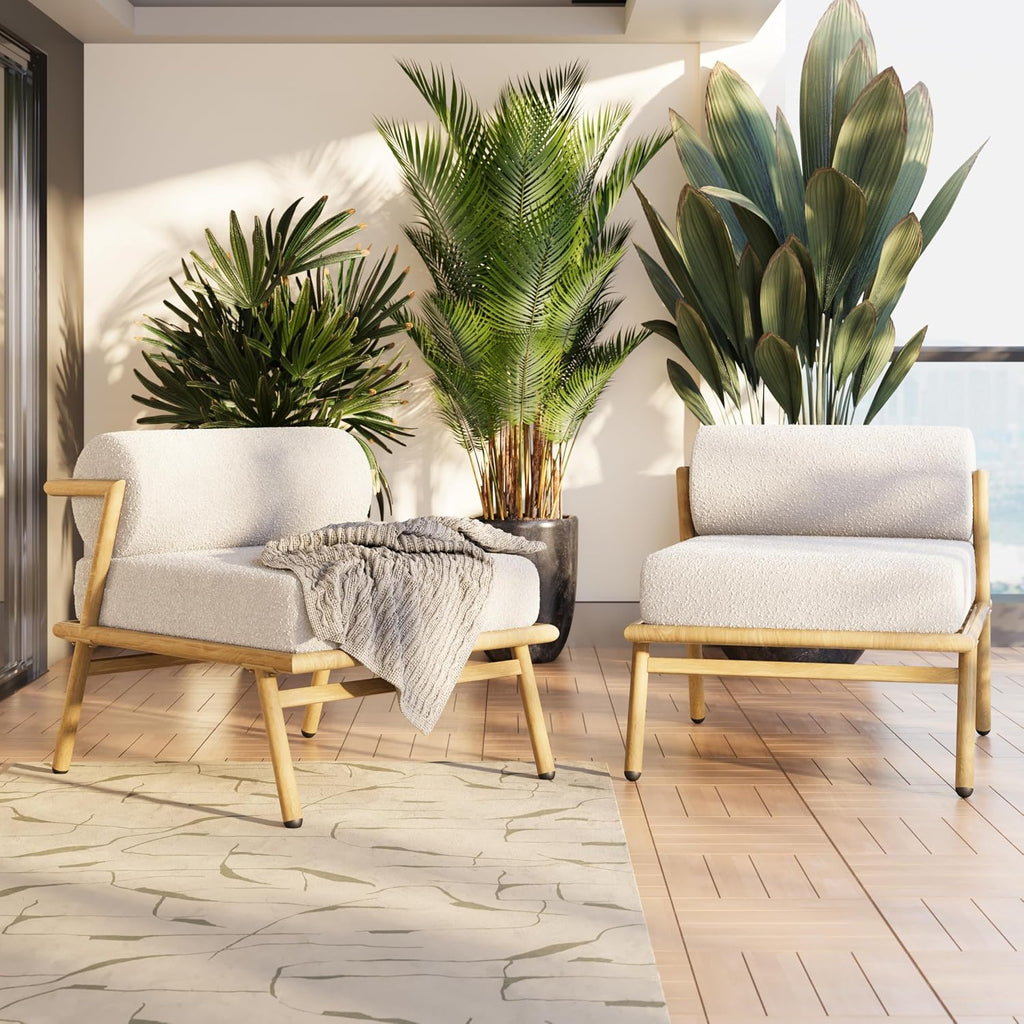 Christopher Knight Home Dessa Patio Accent Chairs Set of 2, Wood-Like Club Chairs, Boucle Lounge Chair, Upholstered Armless Chair, Iron Frame Stable Seating for Garden Poolside Backyard, White+Teak
