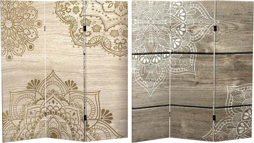 Red Lantern 4 ft. Short Double Sided Mandala on Oak Canvas Folding Screen 3 Panel Freestanding Partition and Separator for Modern and Contemporary Bedroom, Home Office, Studio, Dorm, Apartment