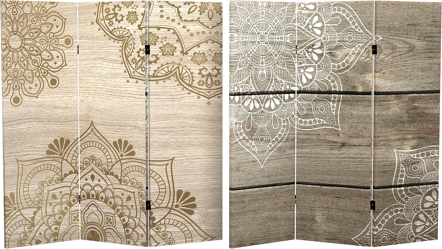 Red Lantern 4 ft. Short Double Sided Mandala on Oak Canvas Folding Screen 3 Panel Freestanding Partition and Separator for Modern and Contemporary Bedroom, Home Office, Studio, Dorm, Apartment