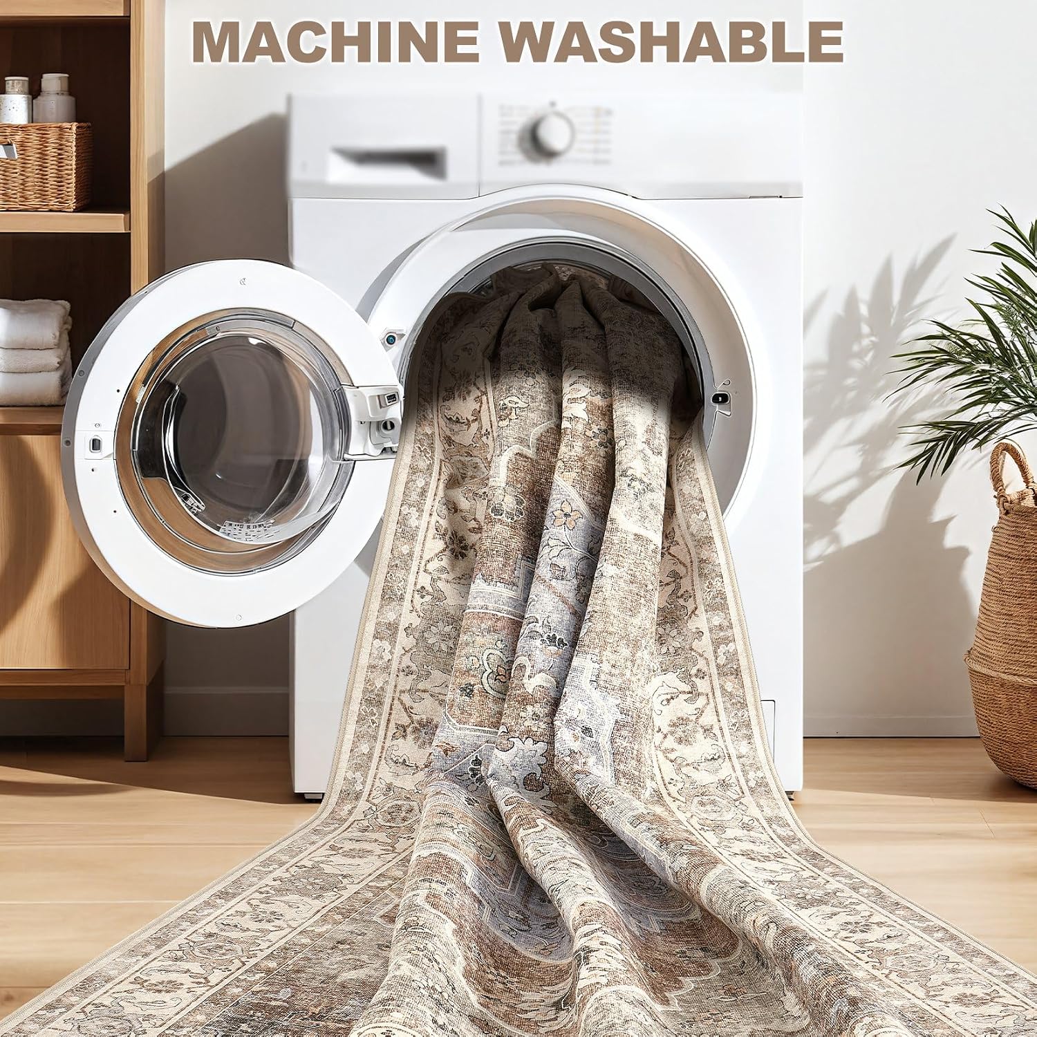 9x12 Washable Area Rug: Vintage Neutral Soft Non Slip Thin Large Floor Carpet for Living Room Bedroom Kitchen Dining Room Home Office Farmhouse Indoor - Grey Brown