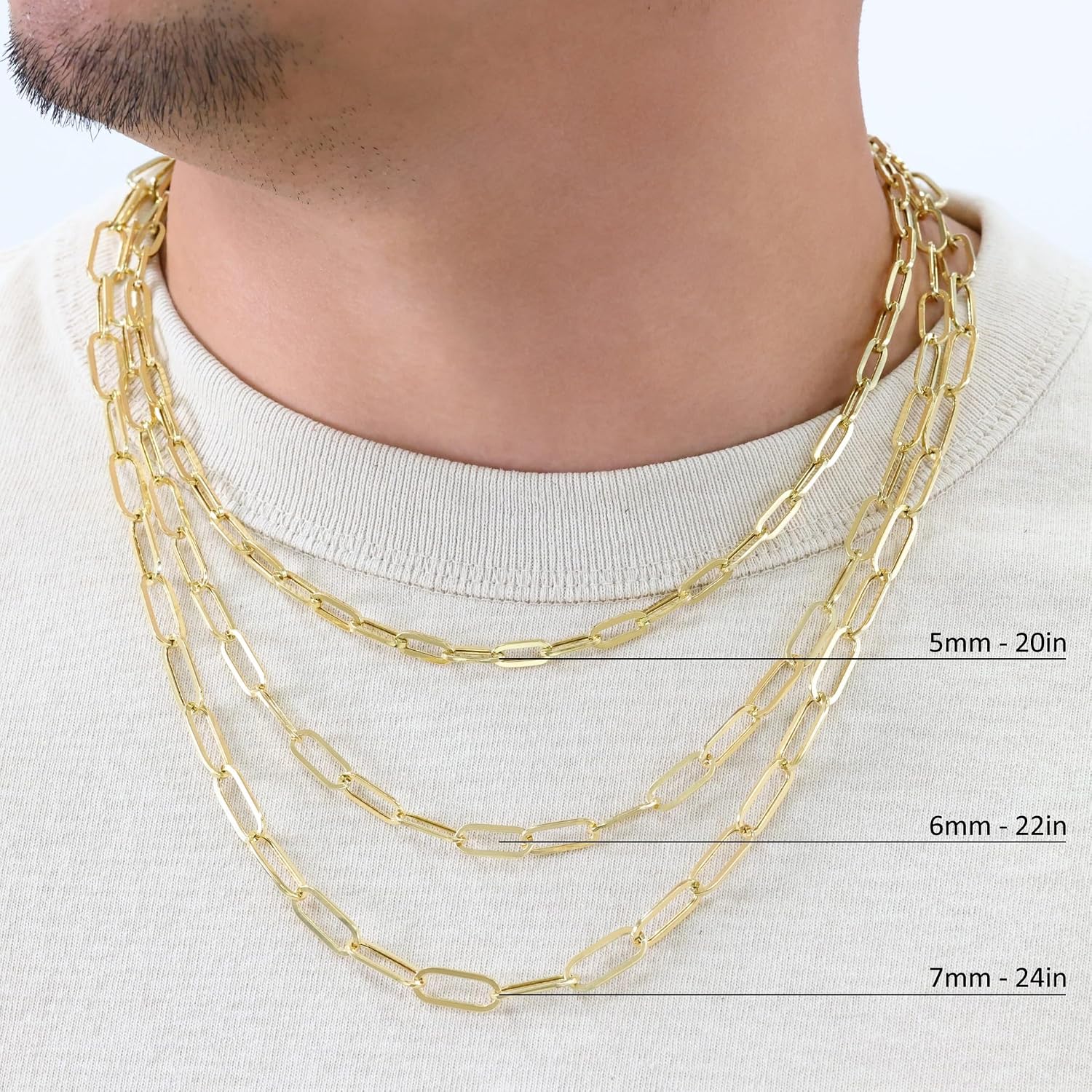 Nuragold 14K Real Yellow Gold Paperclip Chain Elongated Cable Link Necklace 16'-24' (2mm-7mm) Italian Jewelry for Men & Women