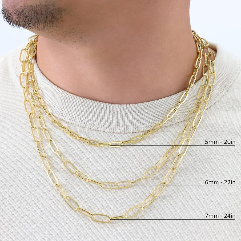 Nuragold 14K Real Yellow Gold Paperclip Chain Elongated Cable Link Necklace 16'-24' (2mm-7mm) Italian Jewelry for Men & Women