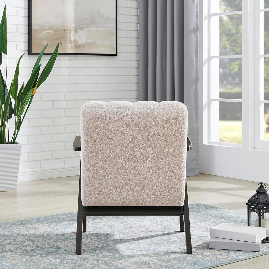 Roundhill Furniture Rella Modern Teddy Sherpa Accent Chair with Espresso Wood Frame, Beige