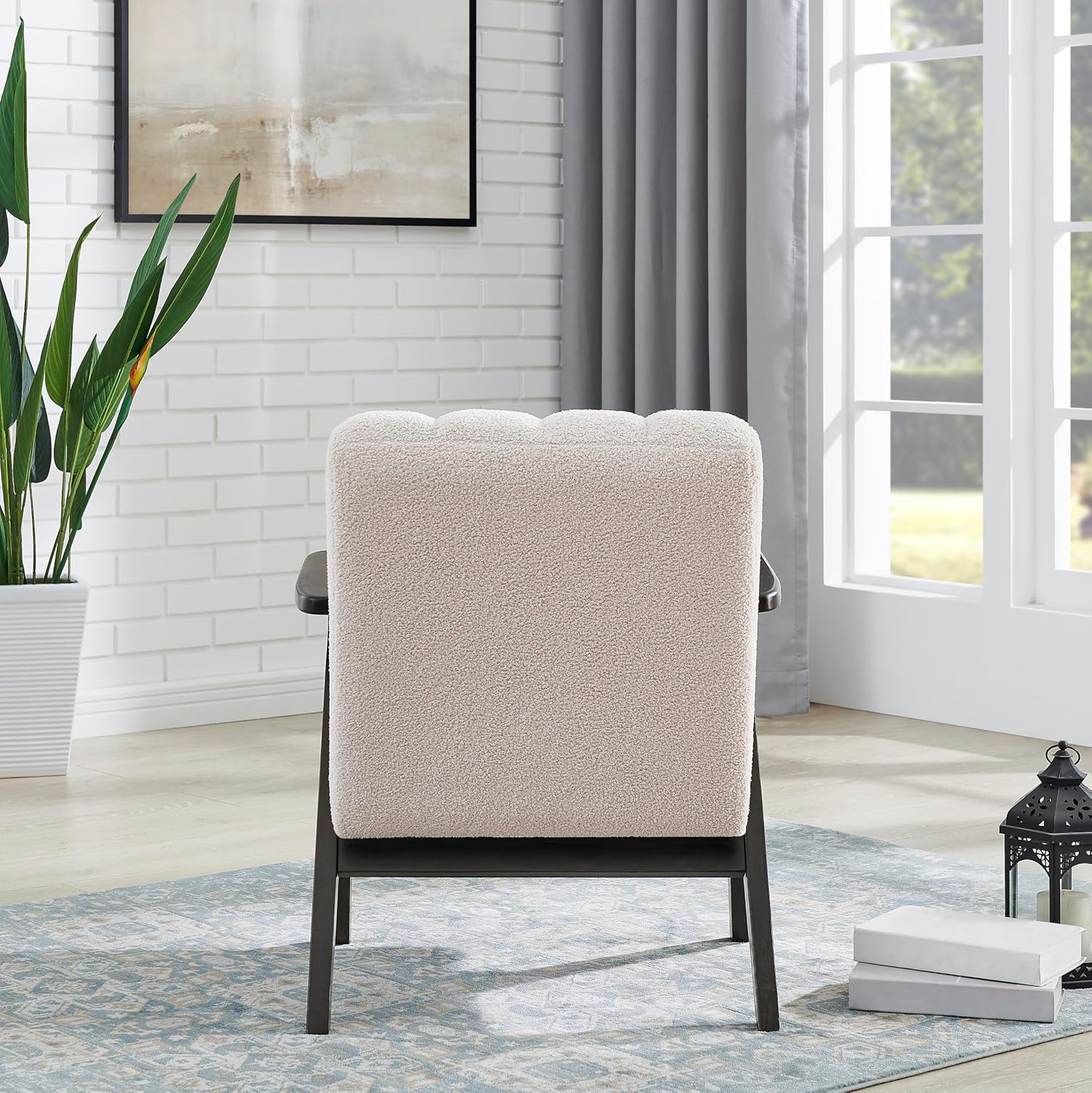 Roundhill Furniture Rella Modern Teddy Sherpa Accent Chair with Espresso Wood Frame, Beige