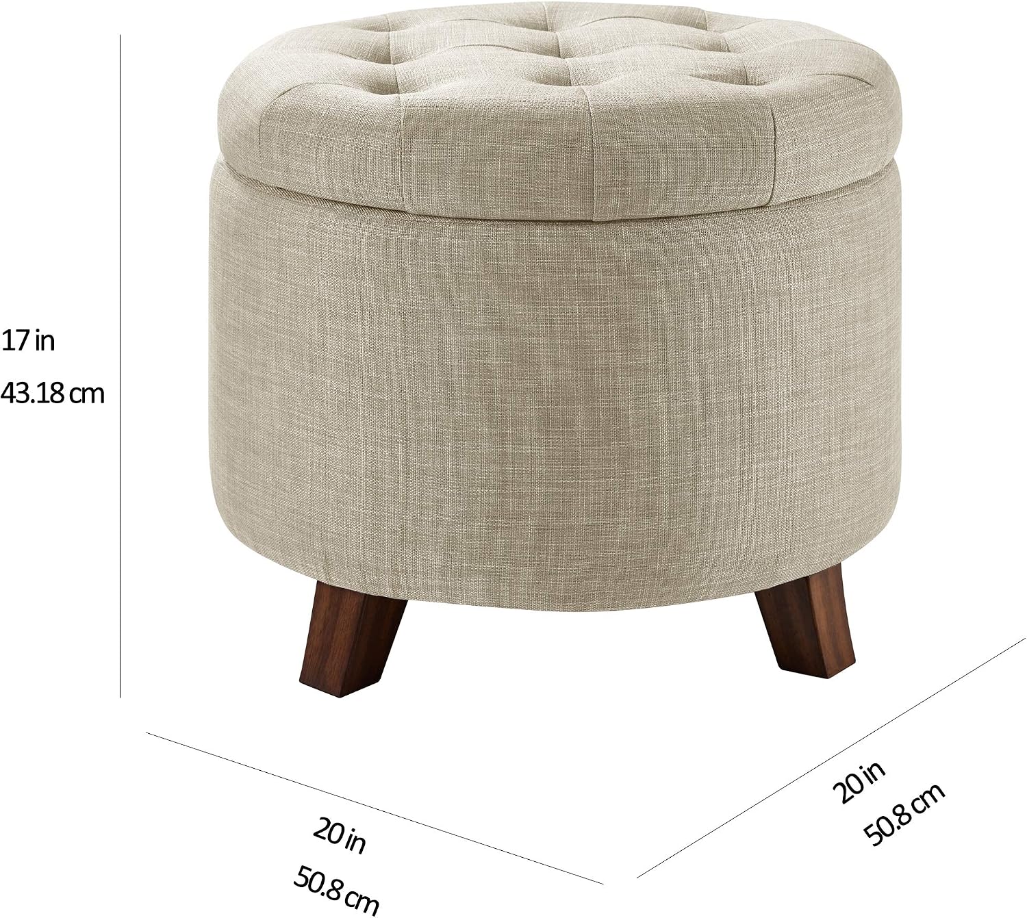 Amazon Basics Round Storage Ottoman Foot Rest, Button Tufted Upholstered Footstool with Storage, Sturdy Linen Fabric for Living Room and Bedroom, 20' x 17', Beige