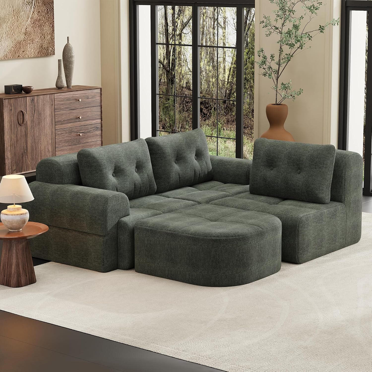 112' Compressed Boneless Sectional Sofa with Movable Ottoman Convertible L Shaped Modular Corner Couch for Living Room - Oversized Cloud Couches W/Tufted Cushions and Deep Seat