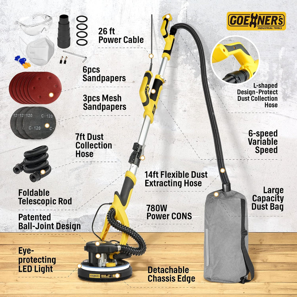 Drywall Sander, 6.5-amp Powerful Electric Drywall Sander with Vacuum, Anto Dust Removal, 7 Variable Speed, 900-1800RPM, Dustless Floor Sander with 26' Power Cord for Popcorn Ceiling