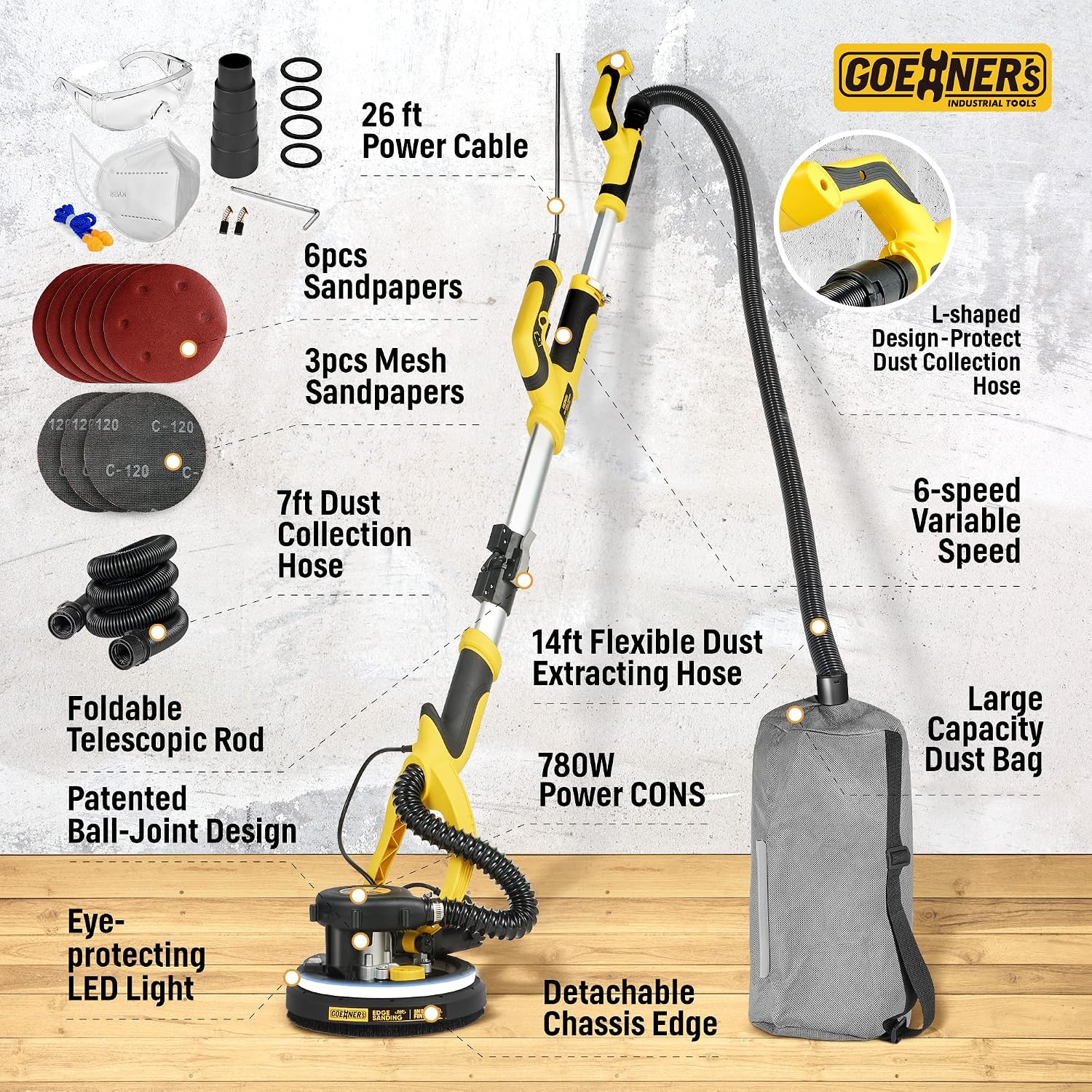 Drywall Sander, 6.5-amp Powerful Electric Drywall Sander with Vacuum, Anto Dust Removal, 7 Variable Speed, 900-1800RPM, Dustless Floor Sander with 26' Power Cord for Popcorn Ceiling