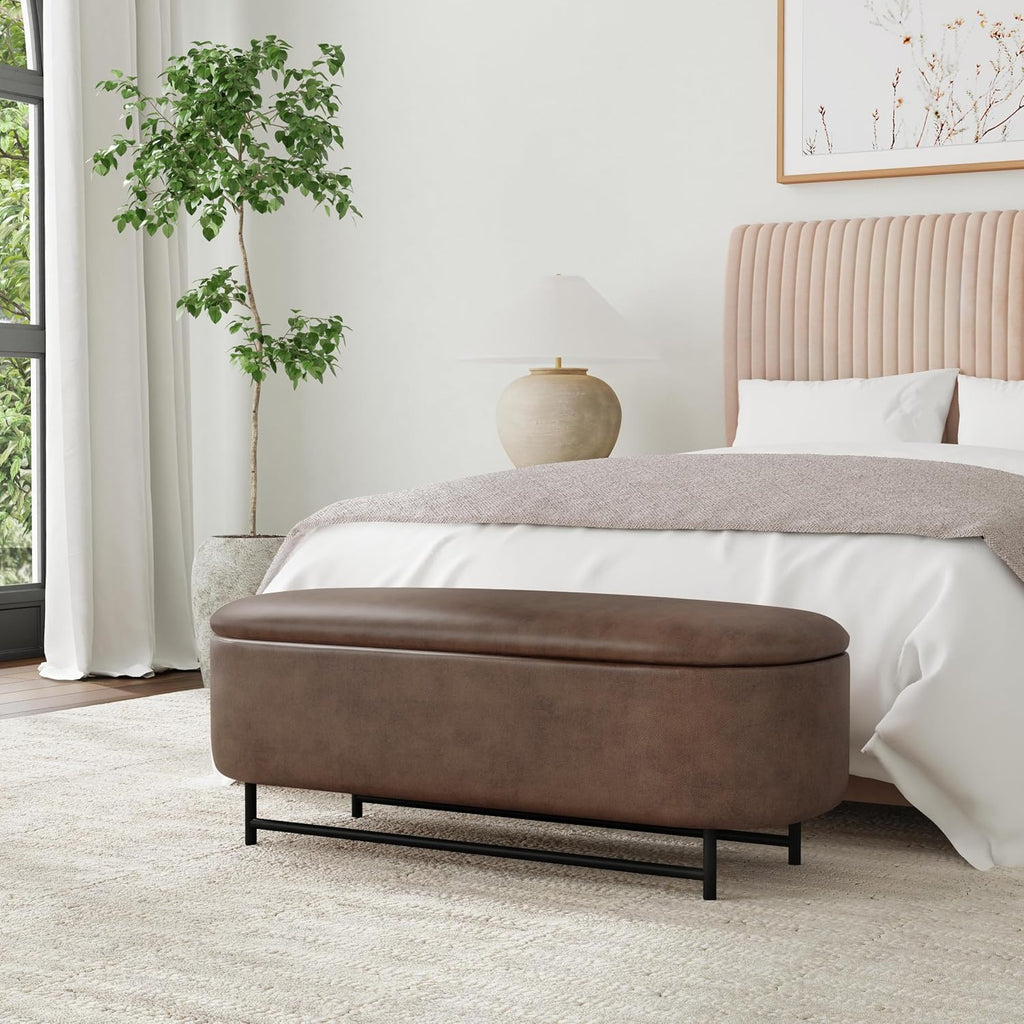 HomePop 46' Ellipse Storage Bench with Metal Legs - Brown Faux Leather
