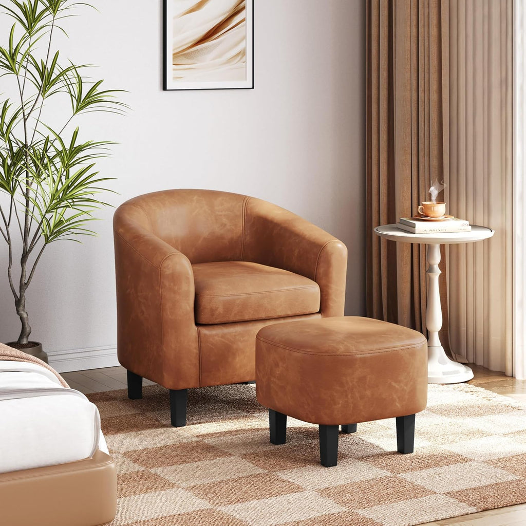 Yaheetech Barrel Chair with Ottoman Set, Faux Leather Accent Chair with Soft Padded and Sturdy Legs for Living Room/Bedroom/Study/Waiting Room, Brown