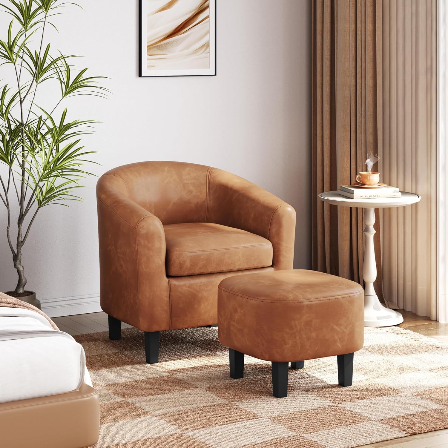 Yaheetech Barrel Chair with Ottoman Set, Faux Leather Accent Chair with Soft Padded and Sturdy Legs for Living Room/Bedroom/Study/Waiting Room, Brown