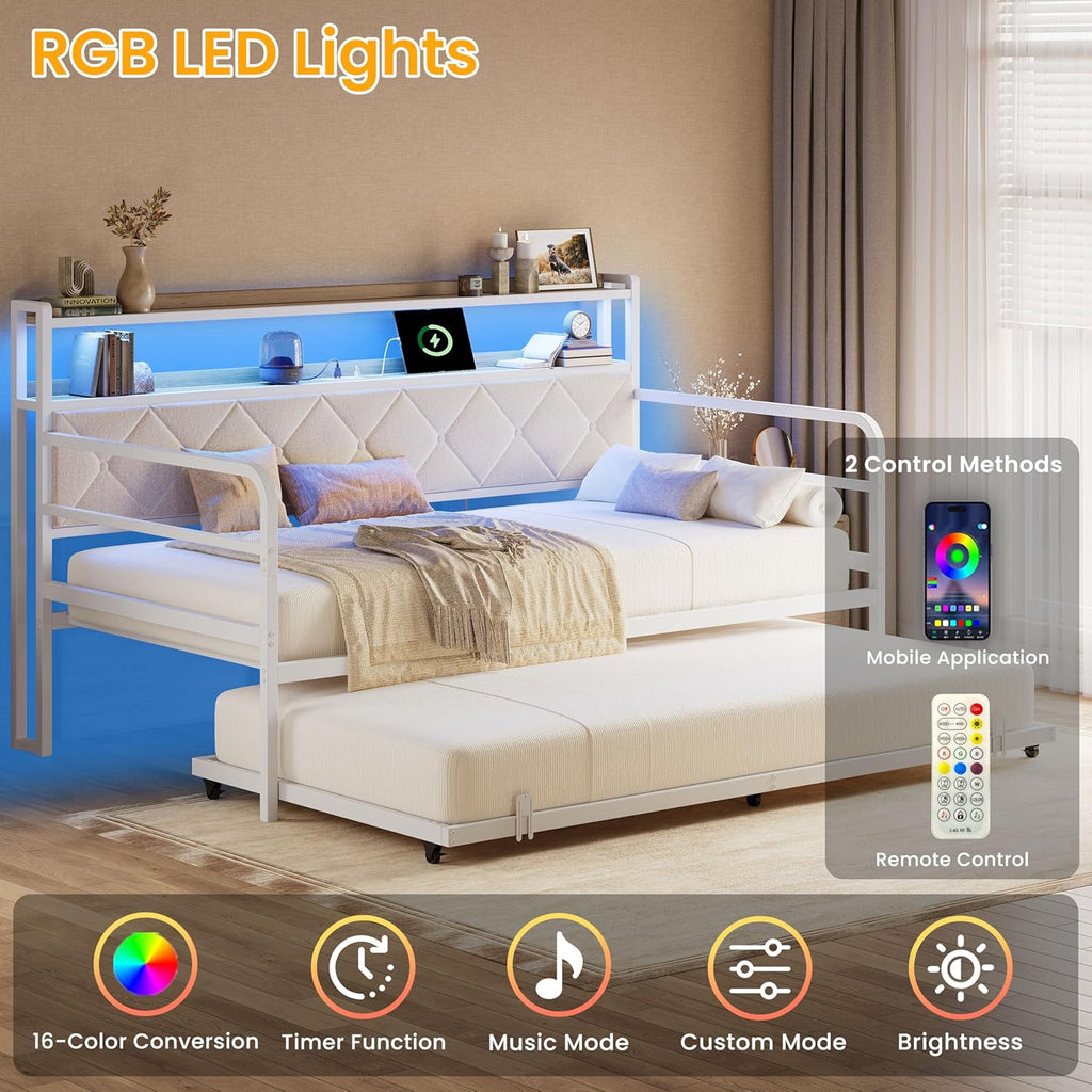 LIKIMIO Twin Daybed with Trundle, 700lbs Capacity, LED Lights & Charging Station, Twin Bed Frame with Storage, Convertible Sofa Bed for Bedroom, Living Room, White