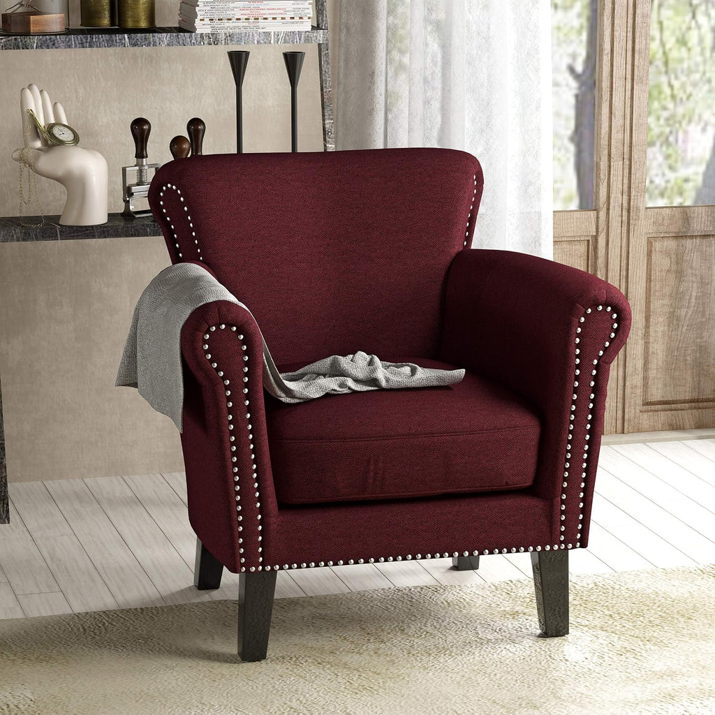 Brice Contemporary Scroll Arm Club Chair with Nailhead Trim, Wine and Dark Brown