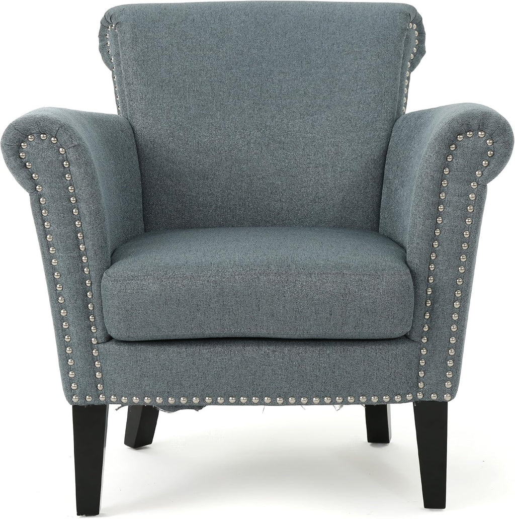 Christopher Knight Home Brice Vintage Scroll Arm Studded Fabric Club Chair, Steel Blue / Dark Brown