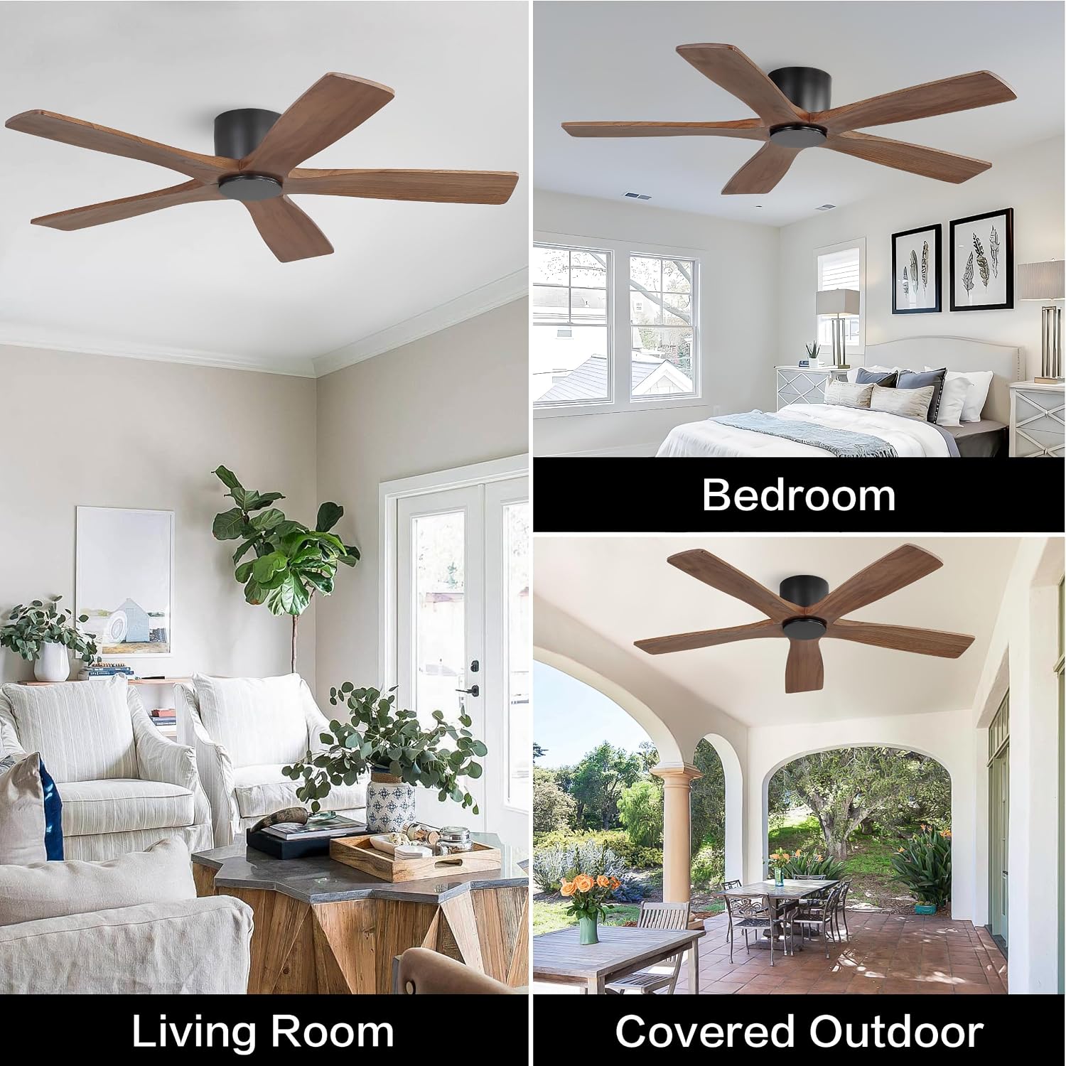 WINGBO 48' Flush Mount DC Ceiling Fans without Lights, 5 Carved Solid Wood Blades, 6-Speed Reversible DC Motor, Low Profile Hugger Ceiling Fan No Lights for Living Room Bedroom Patio, Black and Walnut